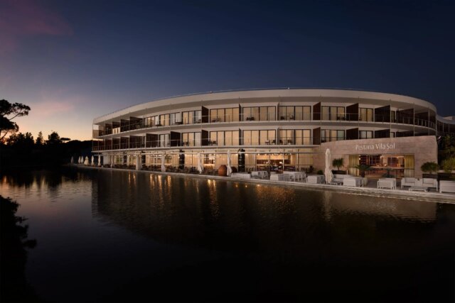 Exterior of Pestana Vila Sol Vilamoura at night in Portugal.